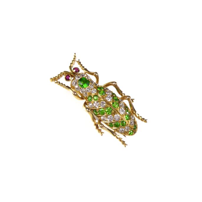Antique demantoid garnet, diamond, ruby and gold beetle brooch | MasterArt